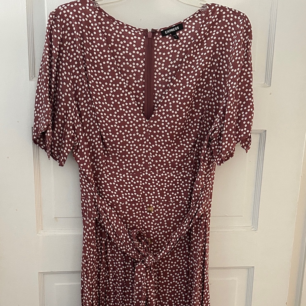 Express Burgundy and White Polka Dot Midi Dress